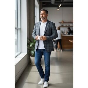 Vince Sport Coat Blazer Mens 38 Gray/Black Plaid Wool Flannel Suit Jacket